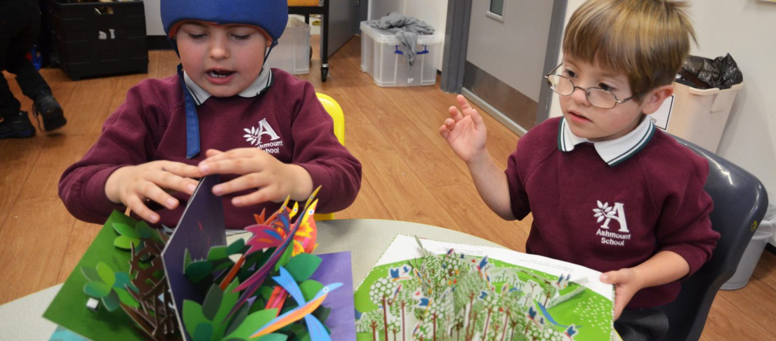 Boys looking at pop-up books