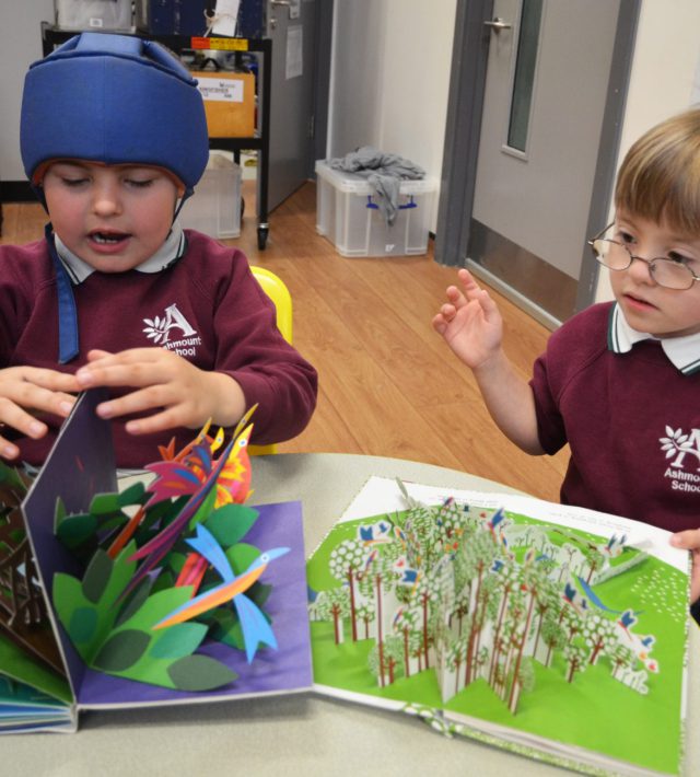 Boys looking at pop-up books