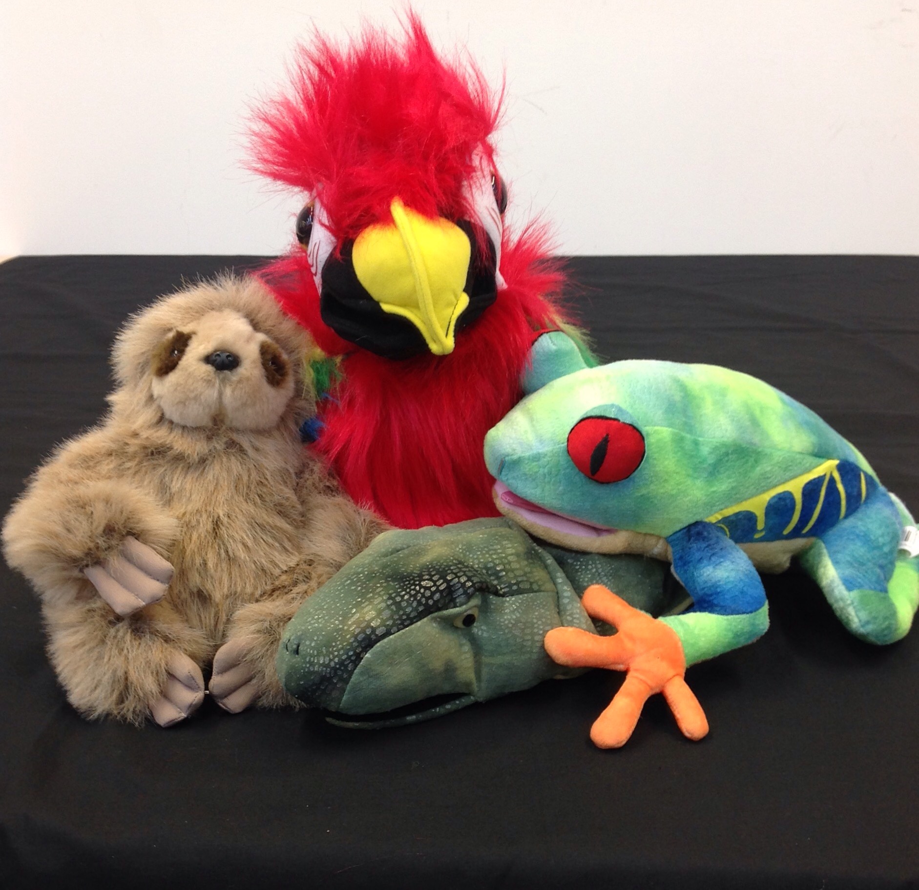 Frog, sloth, snake and parrot puppets