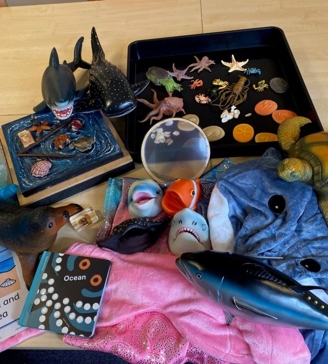 Lots of toy beach and sea items