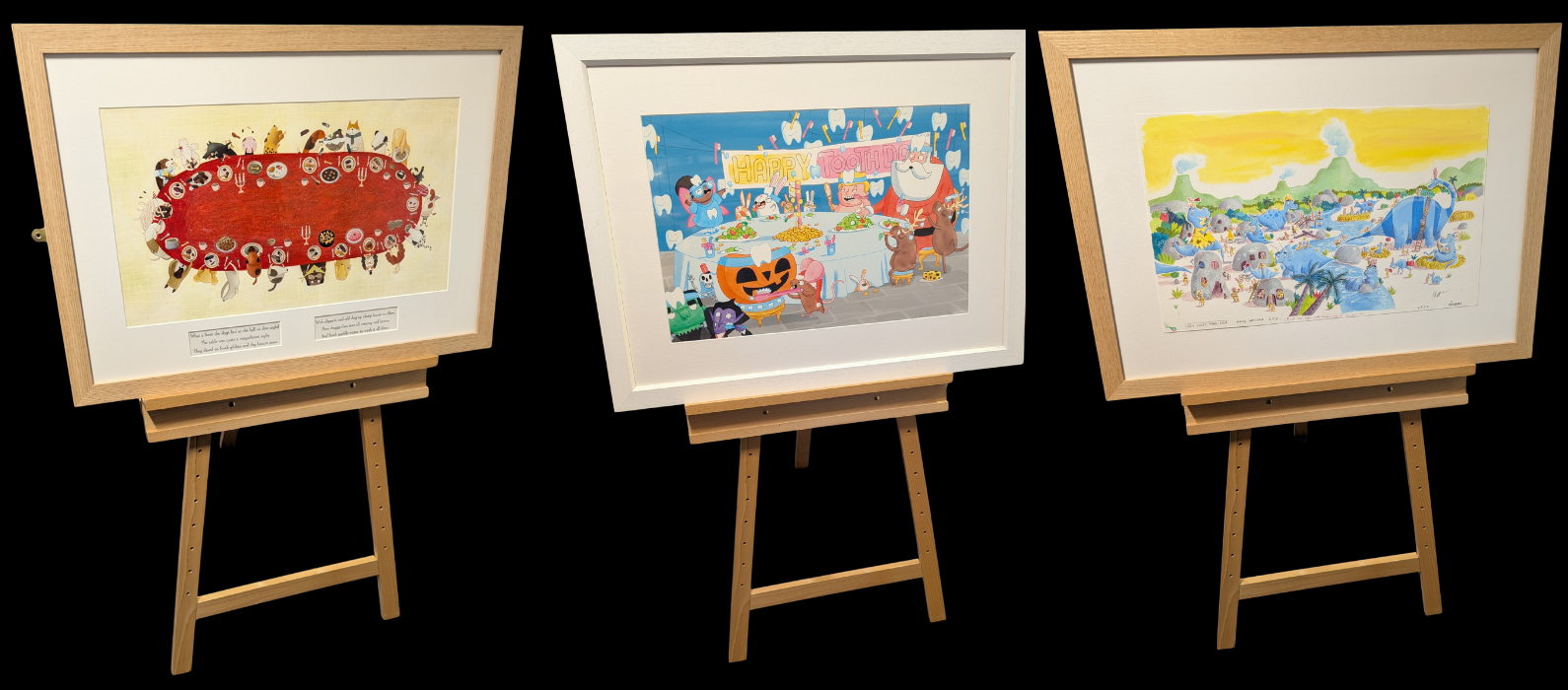 Images of three paintings on easels